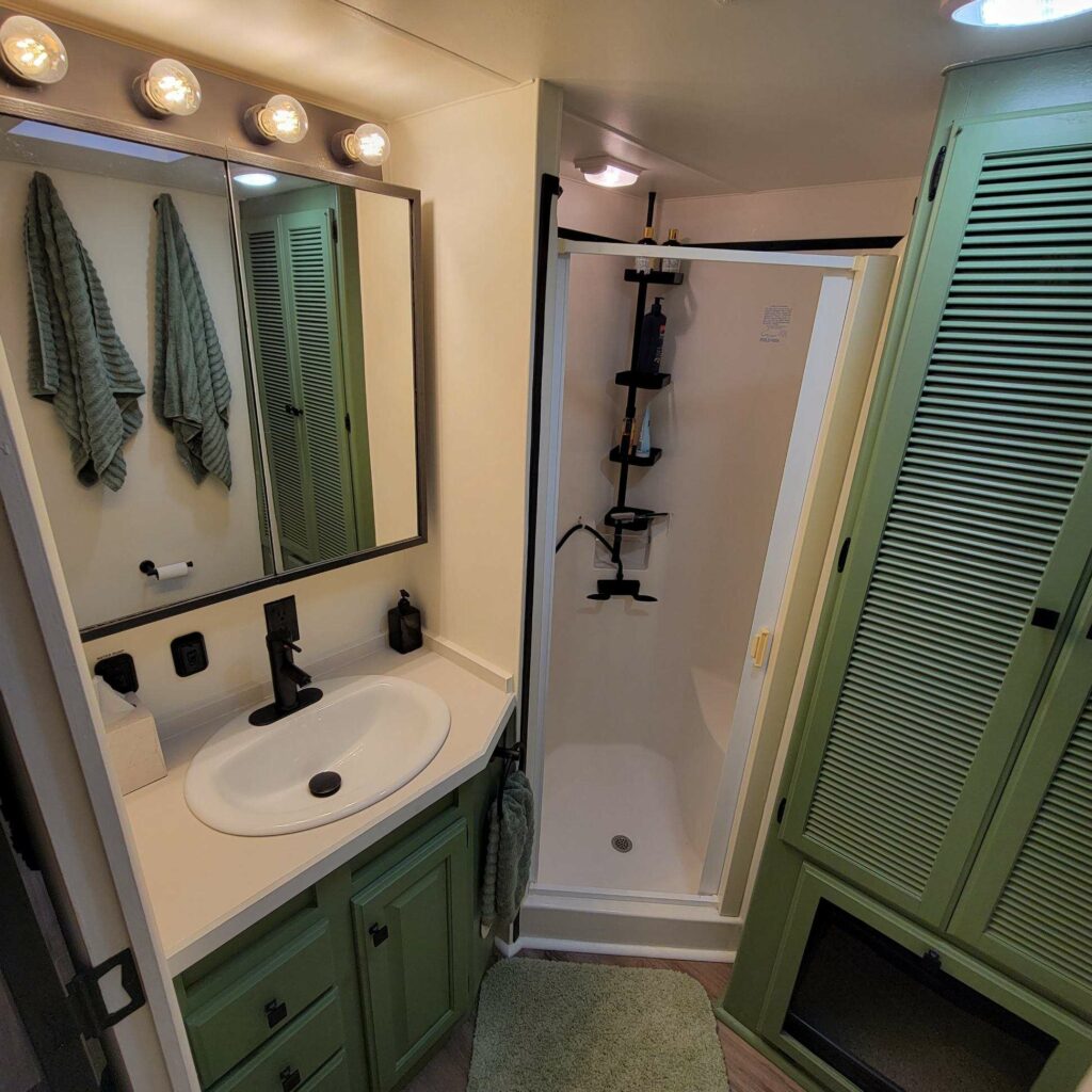 After Birdie Fifth Wheel Renovation Bathroom Shower and Sink
